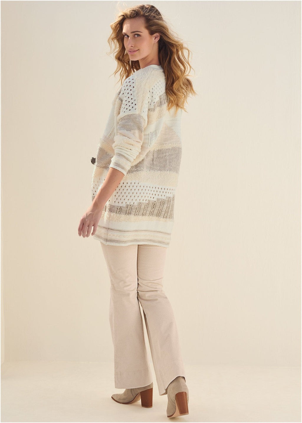 Textured Open Cardigan - Cream Multi
