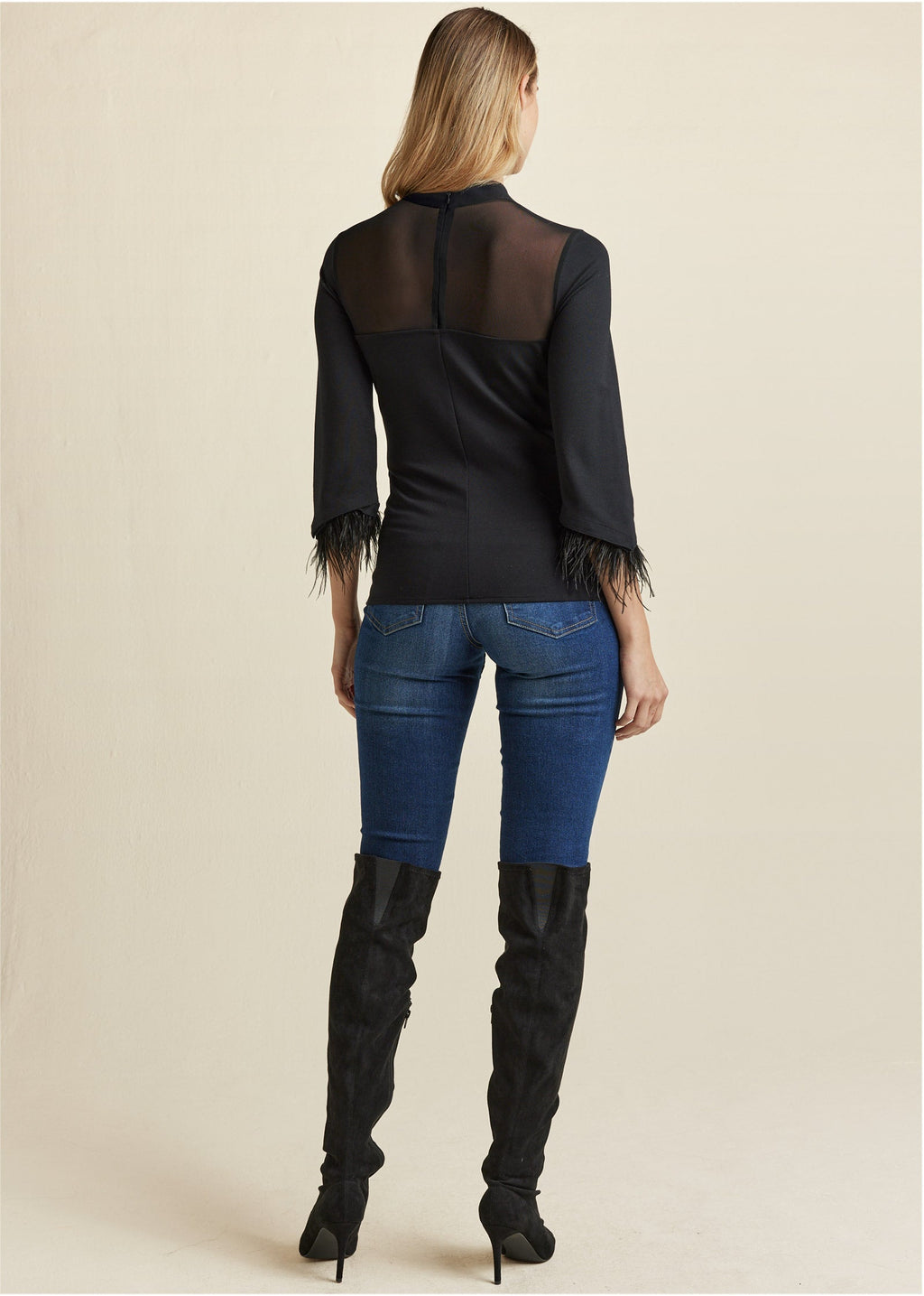 Feather Cuff Mock Neck Top - Black