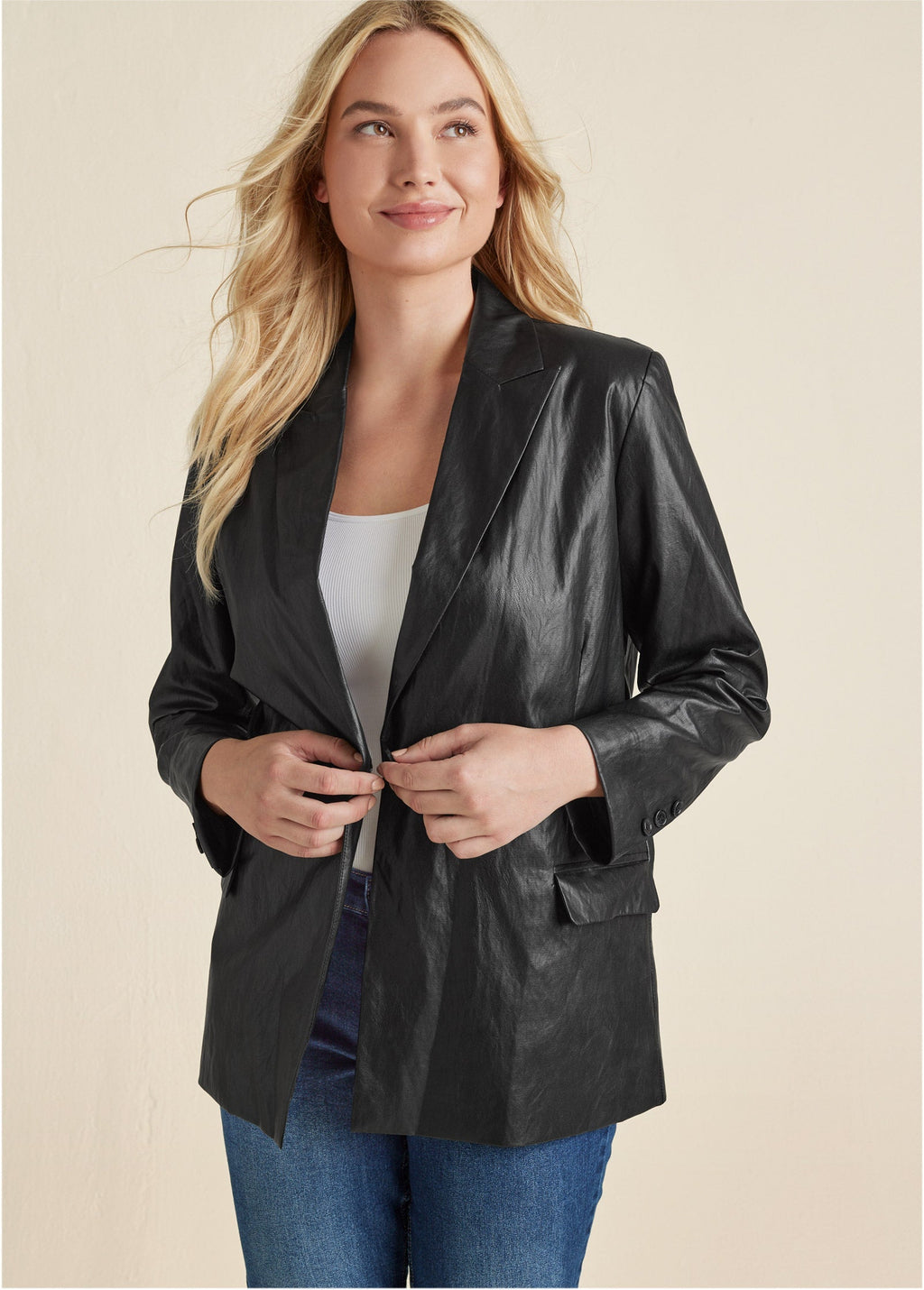 Faux-Leather Blazer - Jet Black