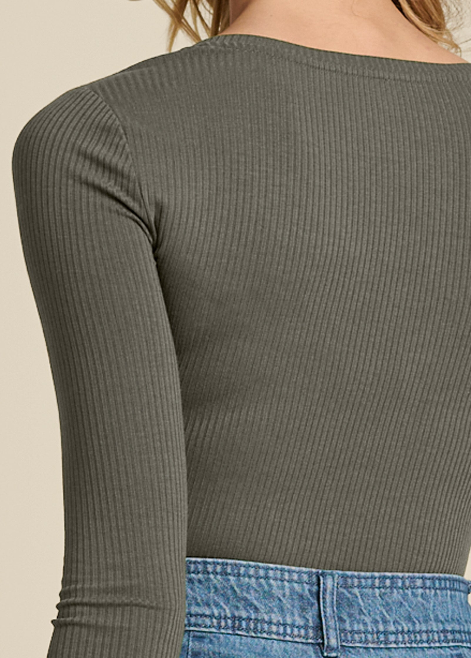 Ribbed Long Sleeve V-Neck - Olive