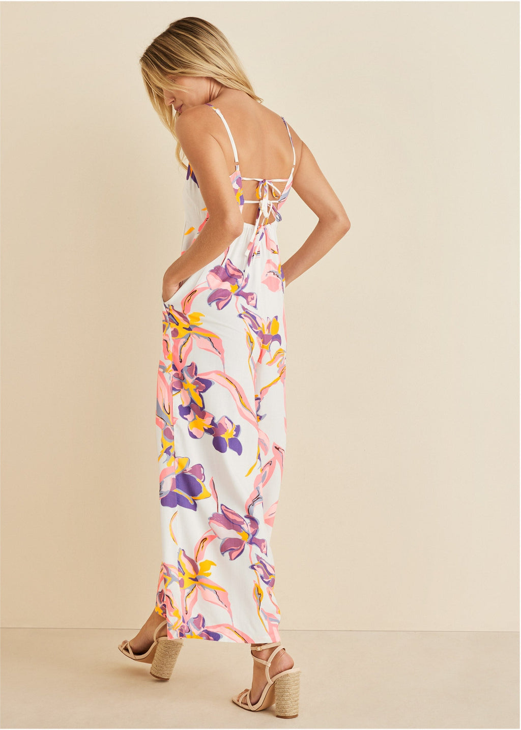 Square Neck Printed Jumpsuit  - White Multi