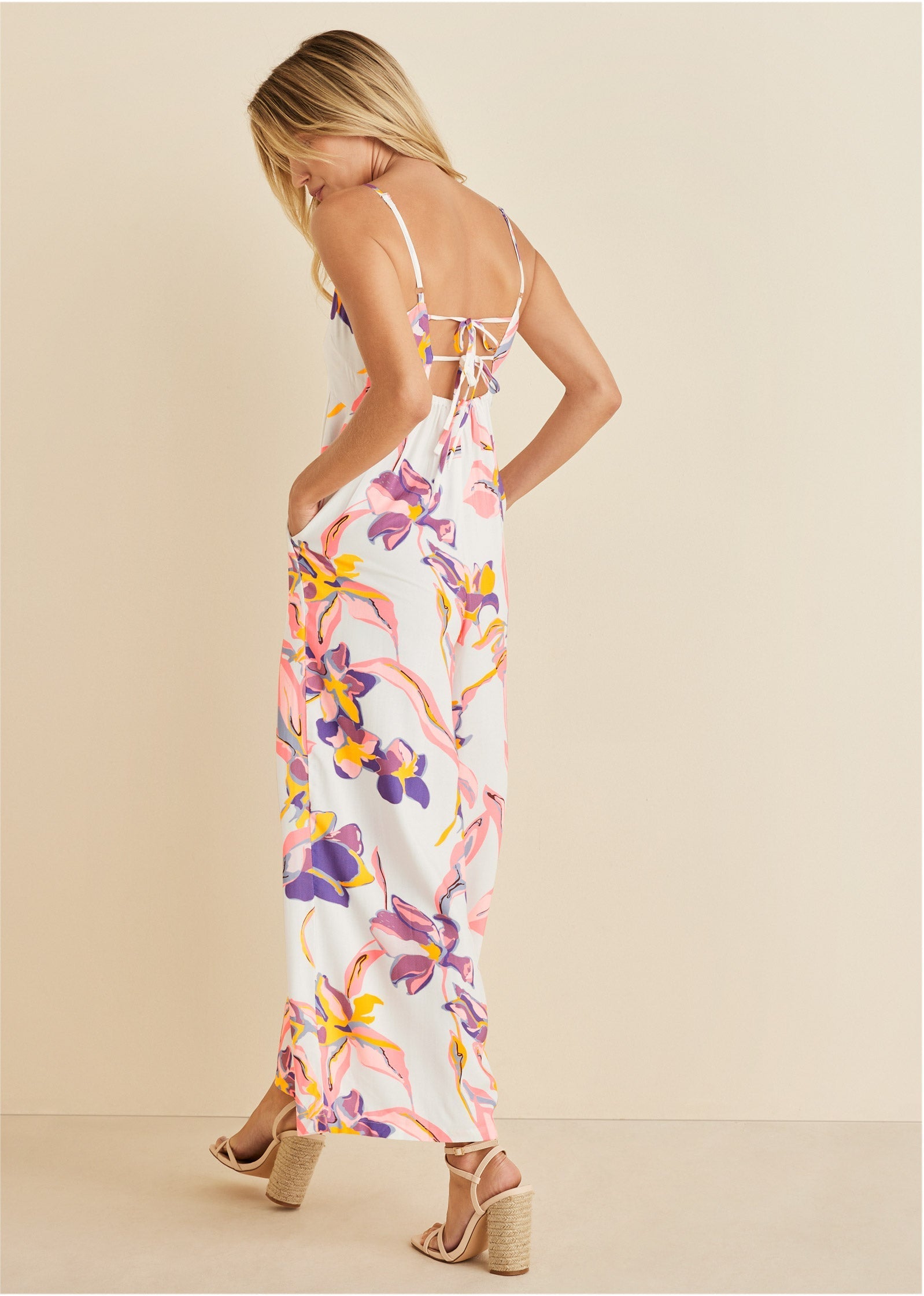 Square Neck Printed Jumpsuit  - White Multi