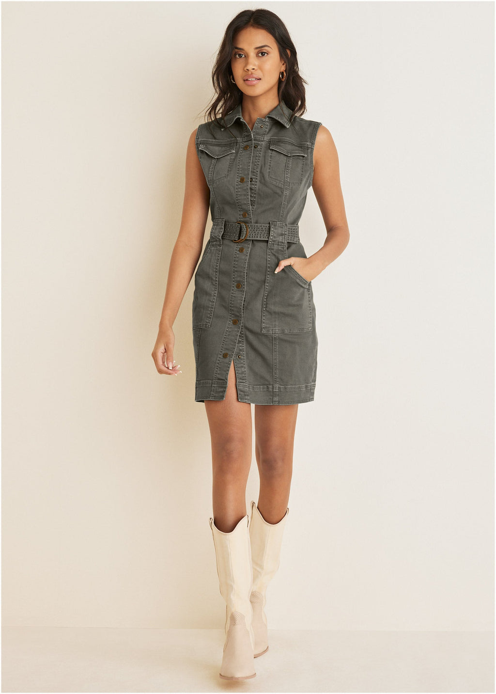 Colored Twill Utility Dress - Olive