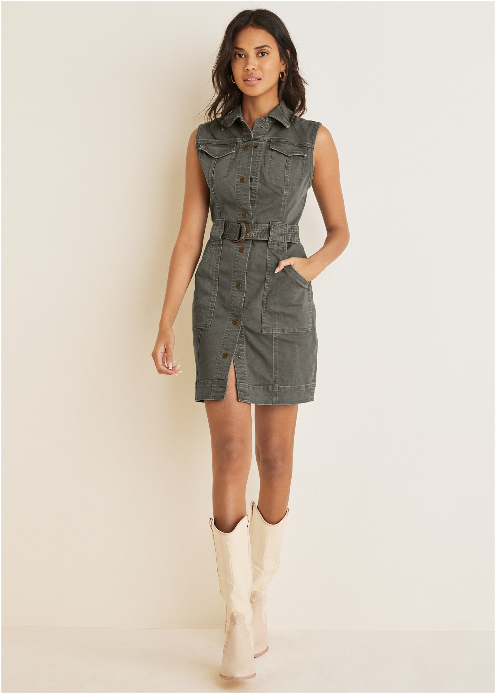Colored Twill Utility Dress - Olive