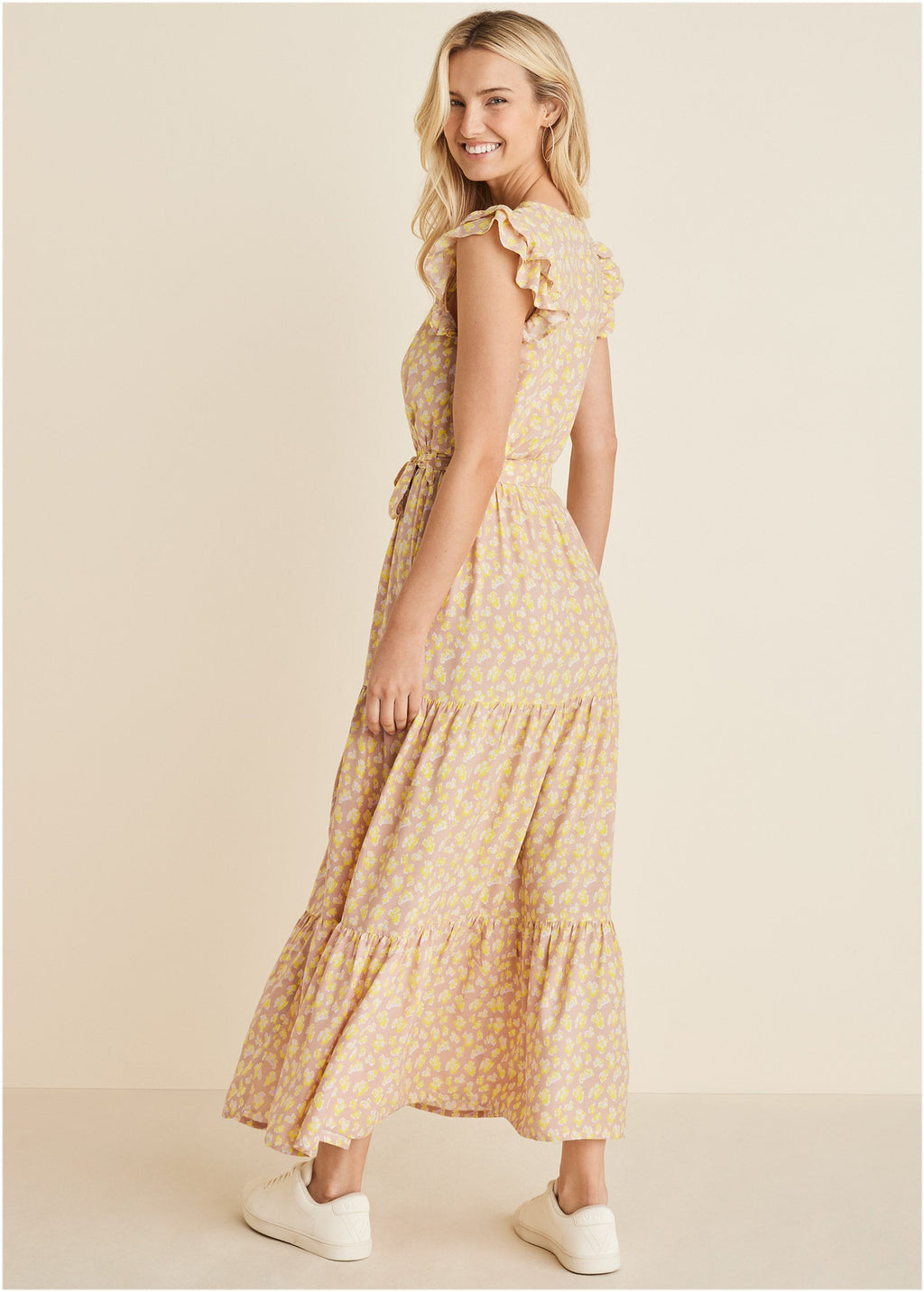 Belted Flutter Sleeve Maxi Dress - Peach & White