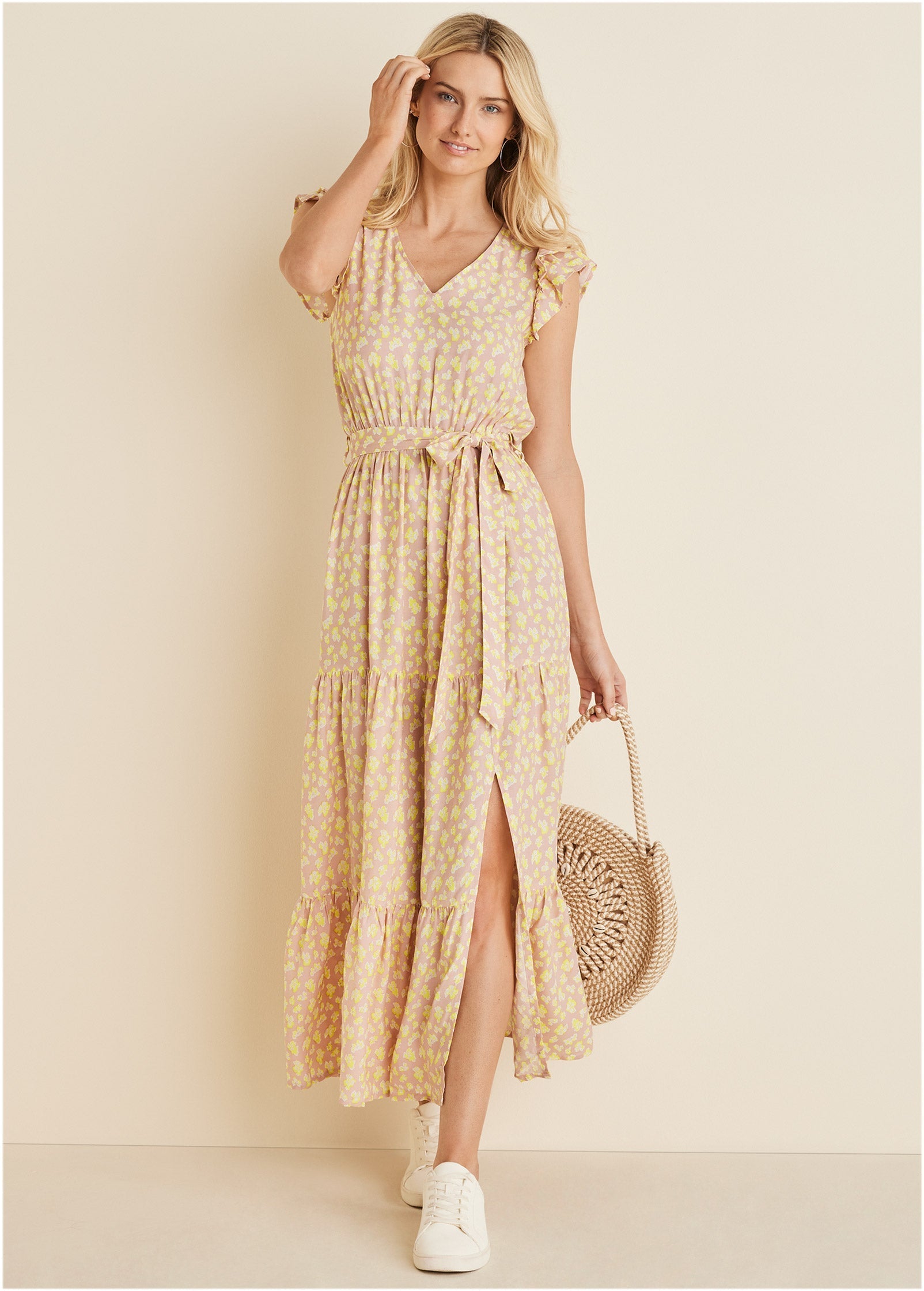 Belted Flutter Sleeve Maxi Dress - Peach & White
