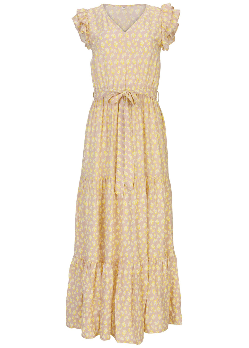 Belted Flutter Sleeve Maxi Dress - Peach & White