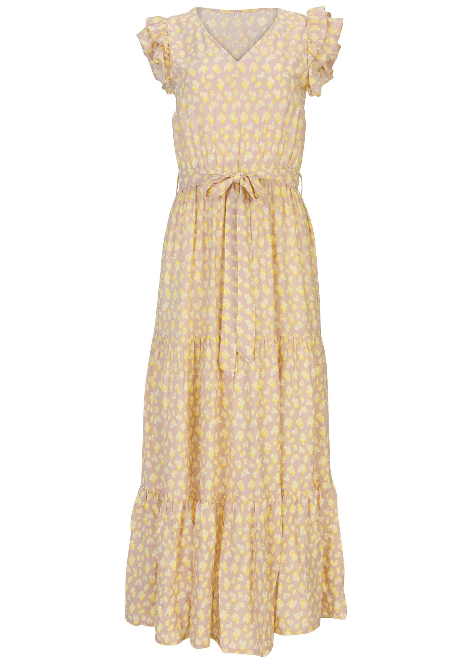Belted Flutter Sleeve Maxi Dress - Peach & White