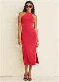 High Neck Midi Dress - Red