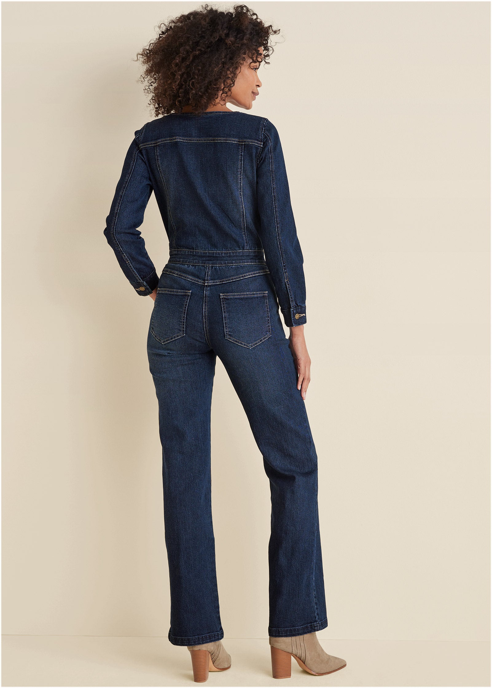 Zip Front Denim Jumpsuit - Dark Wash