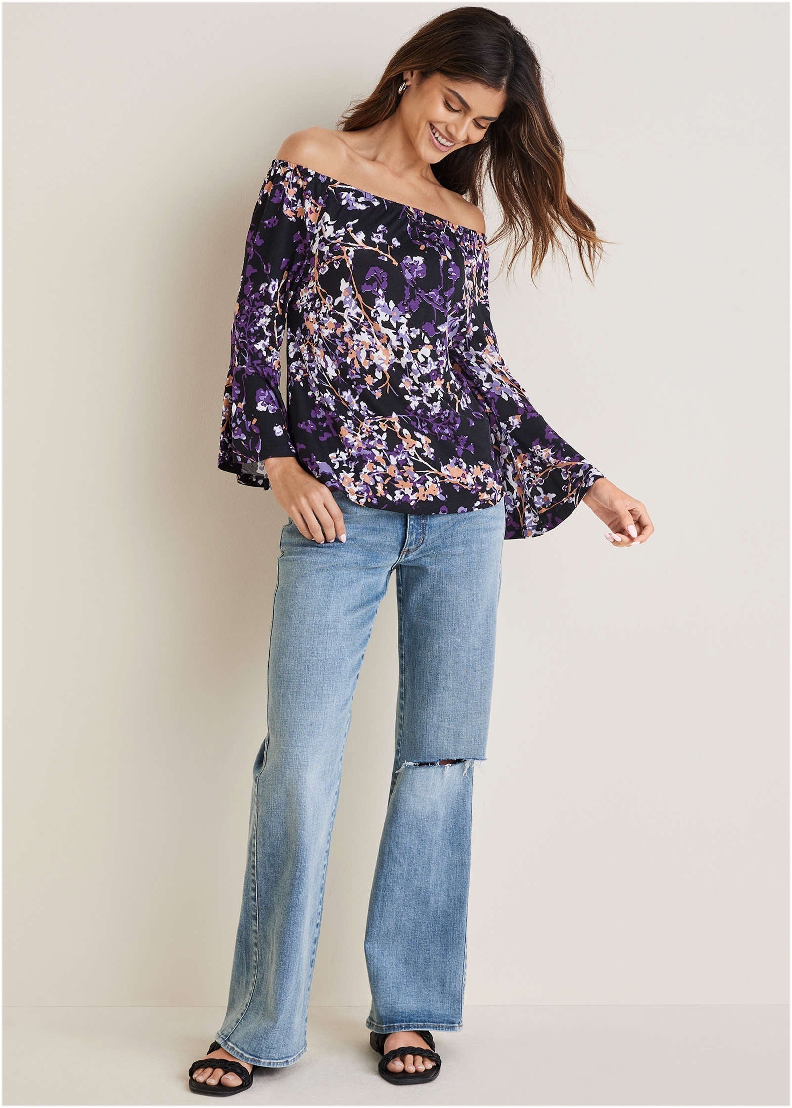 Bell Sleeve Printed Top - Purple Multi