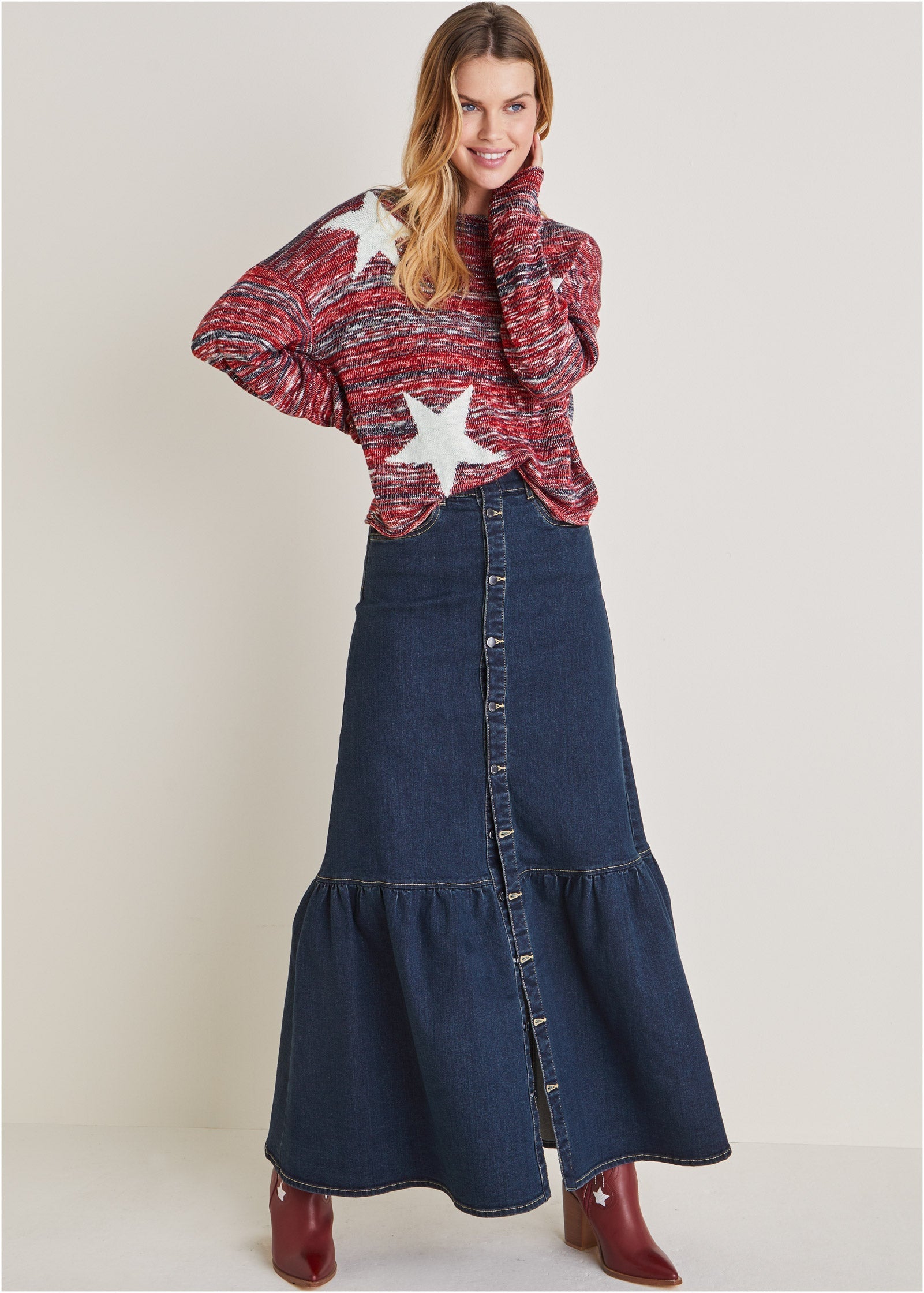 Cotton Slub Star Sweater - Racing Red Multi
