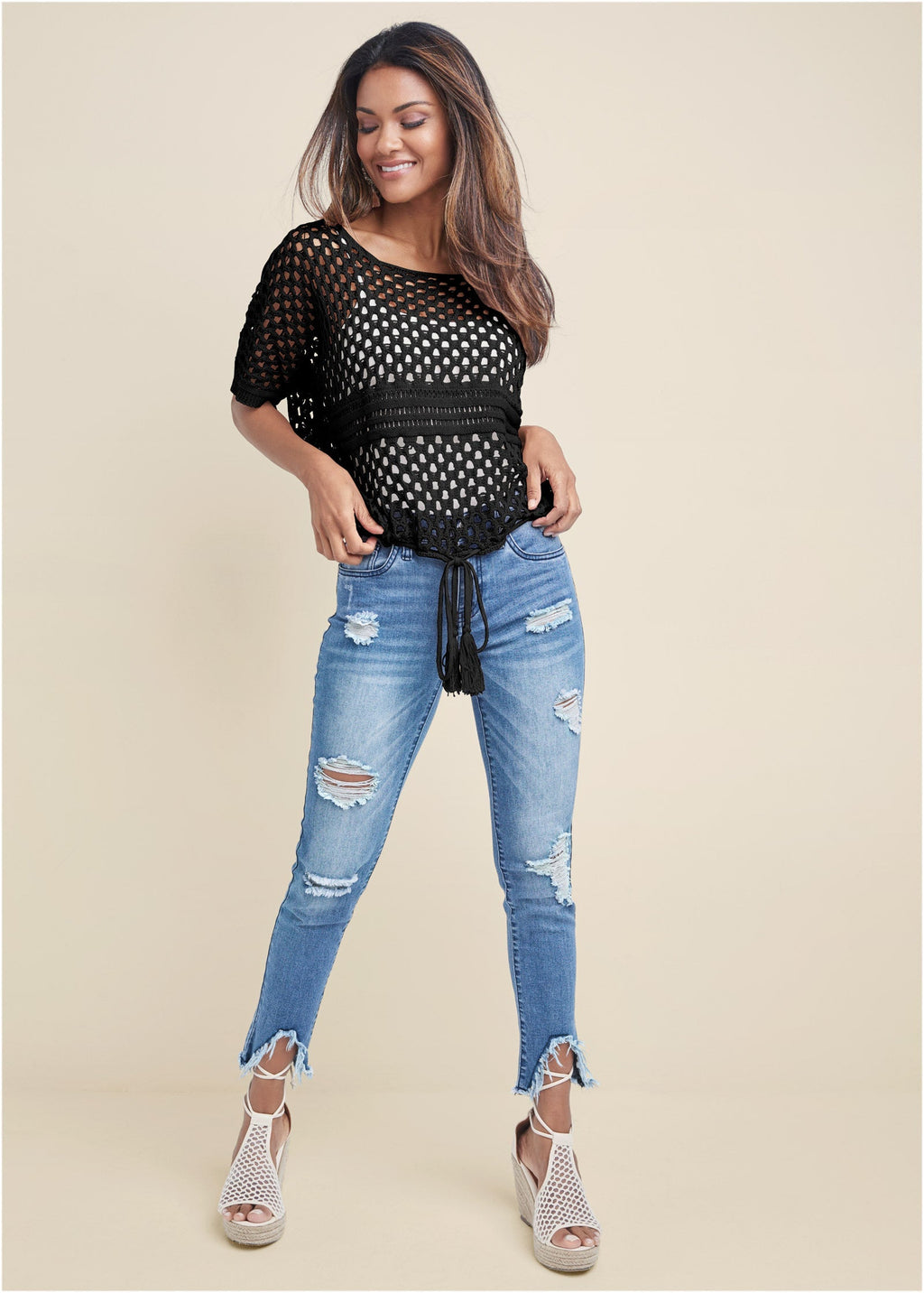 Cotton Open Knit Sweater - Black
