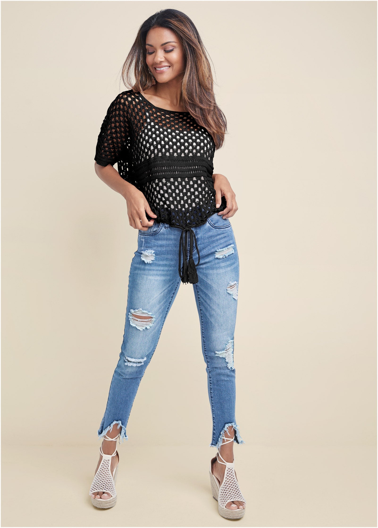 Cotton Open Knit Sweater - Black