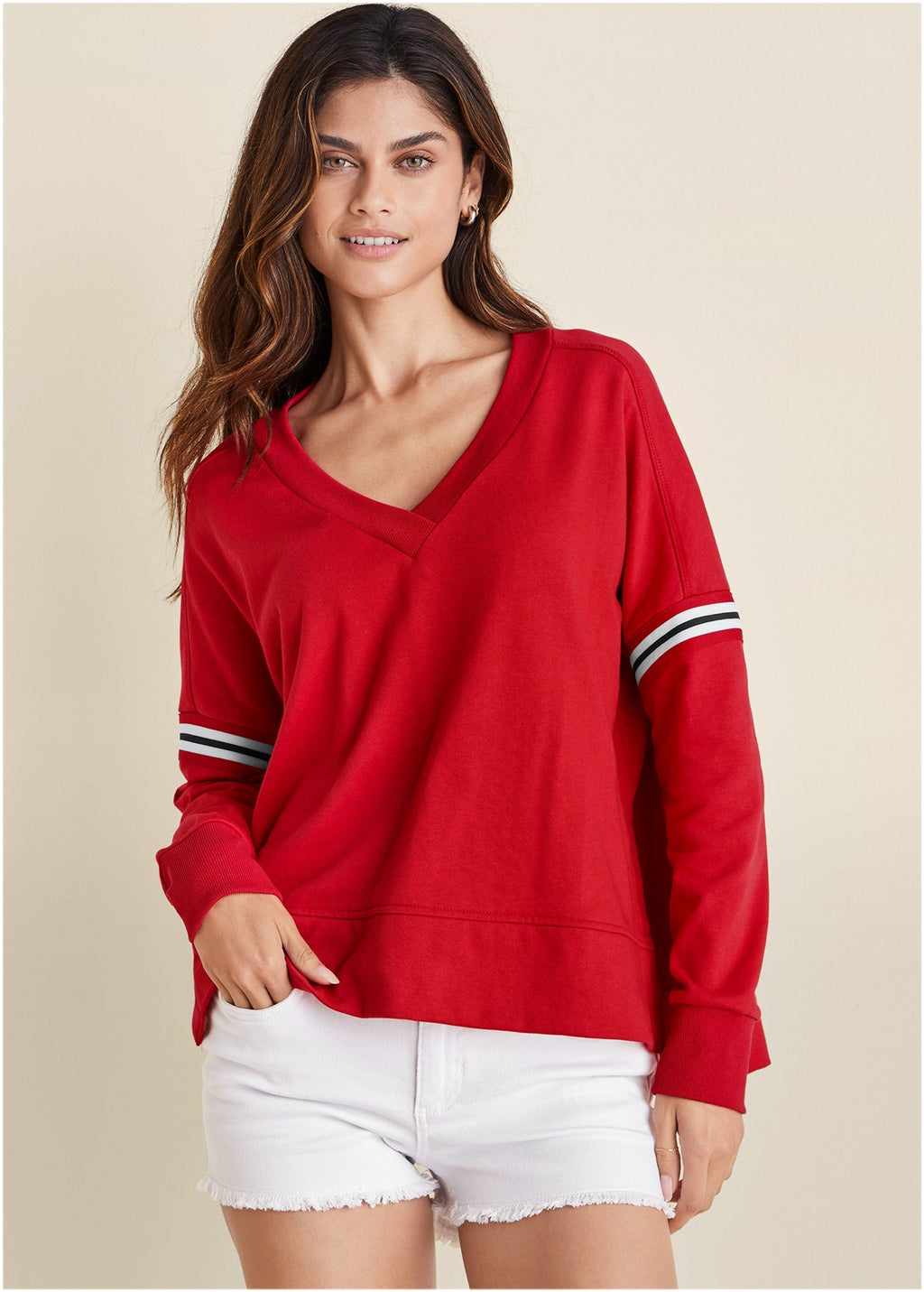 French Terry V-Neck Top - Red