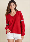 French Terry V-Neck Top - Red