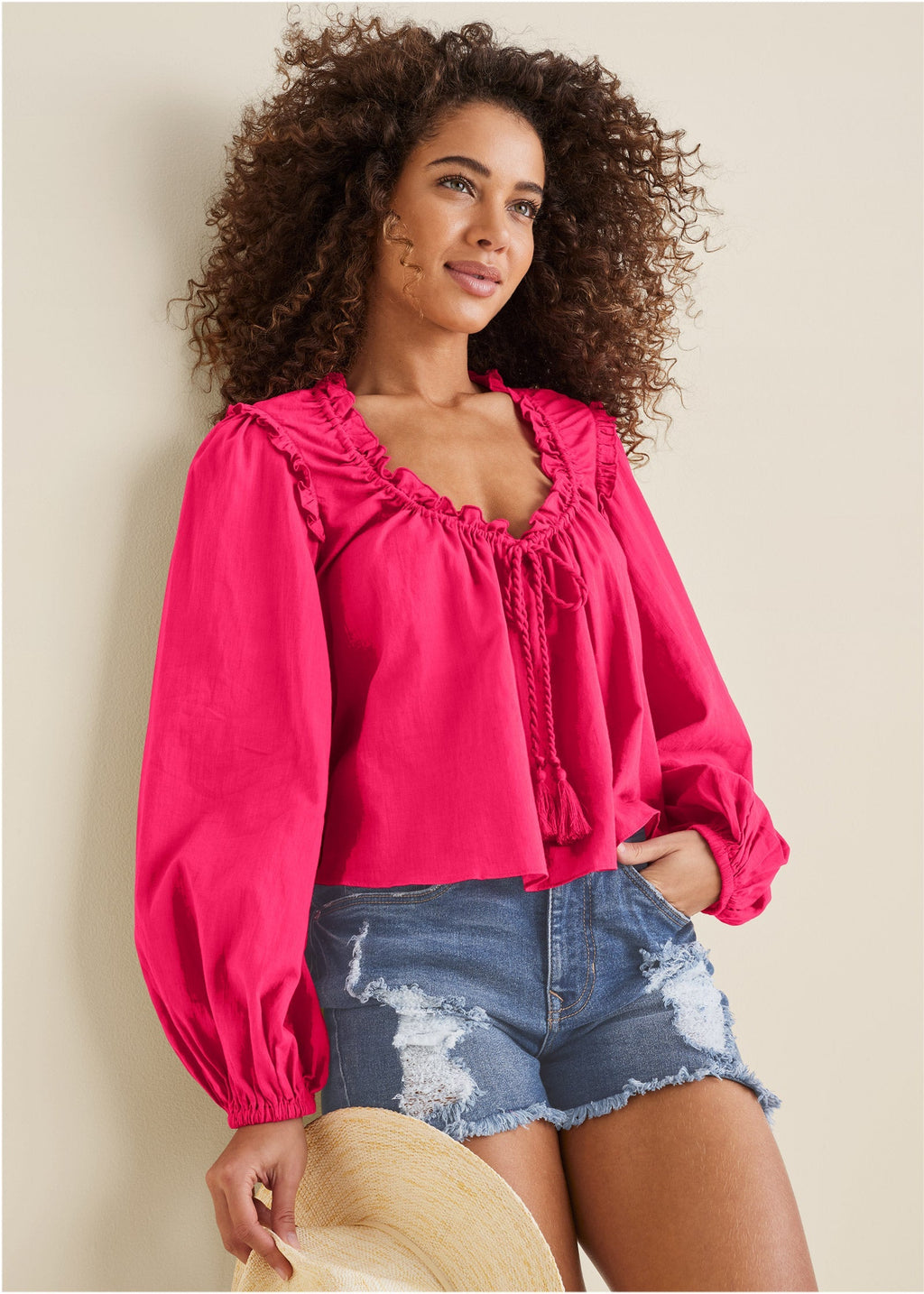 Tassel Long Sleeve Top - Dark Pink
