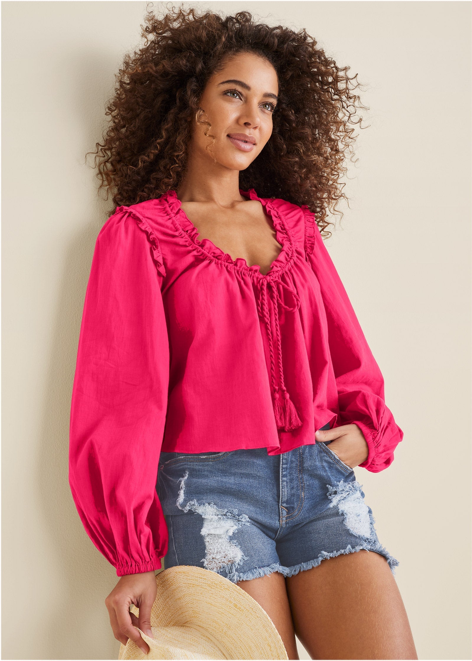 Tassel Long Sleeve Top - Dark Pink