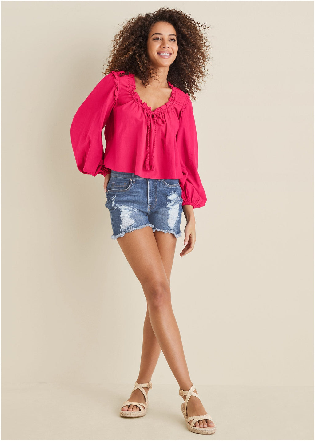 Tassel Long Sleeve Top - Dark Pink