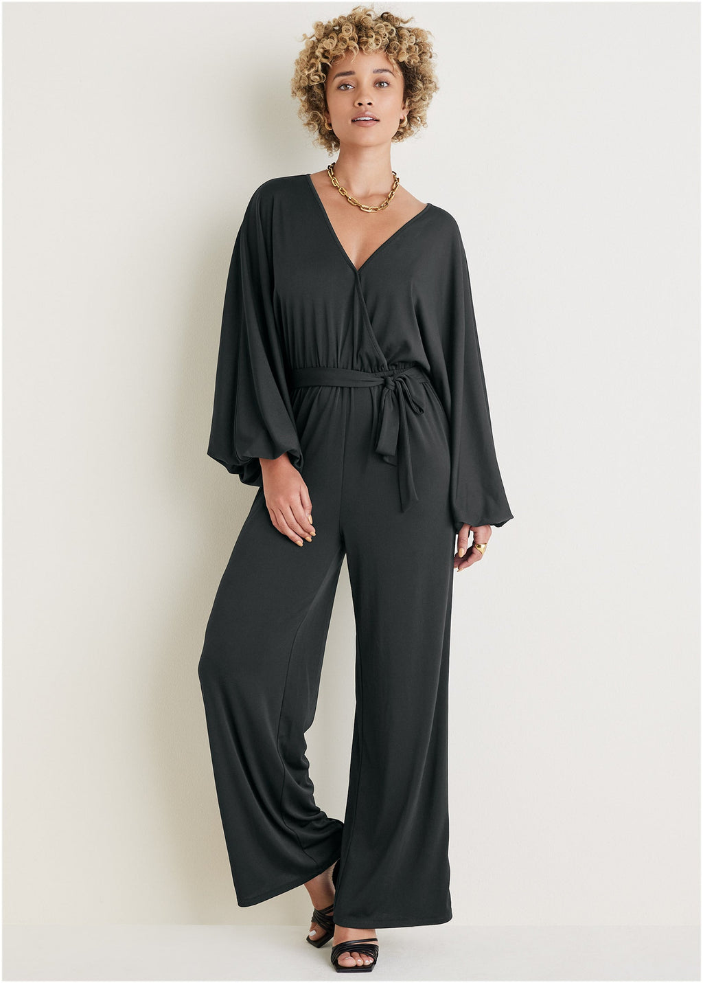 Volume Sleeve Detail Jumpsuit - Jet Black