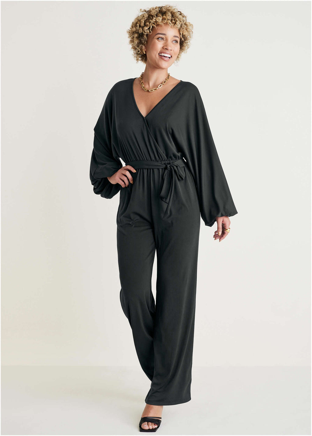 Volume Sleeve Detail Jumpsuit - Jet Black