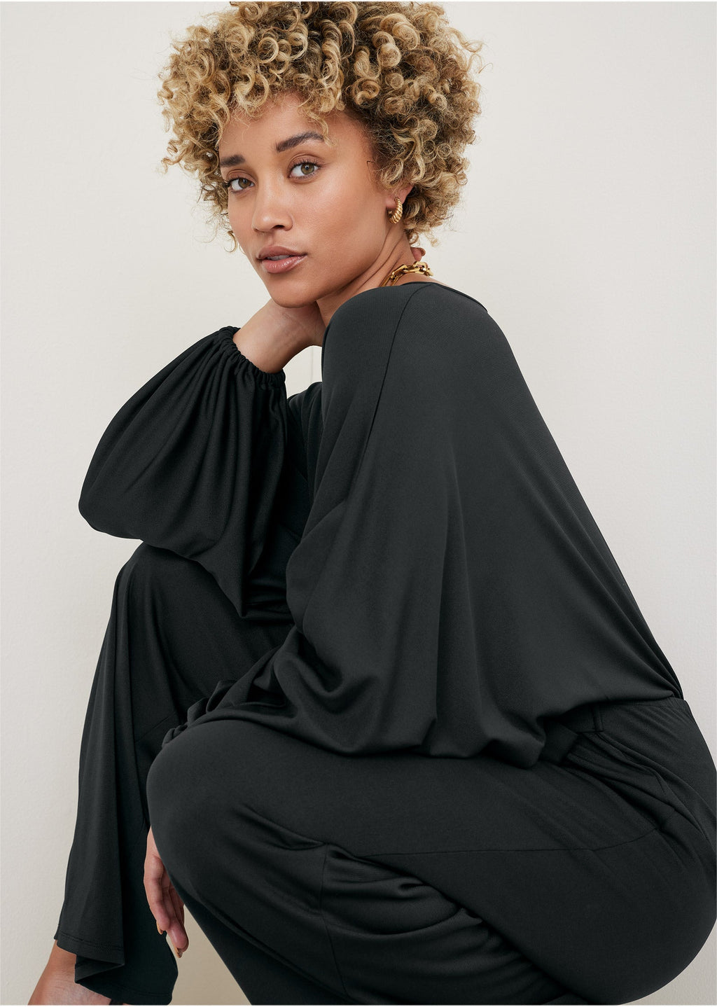 Volume Sleeve Detail Jumpsuit - Jet Black