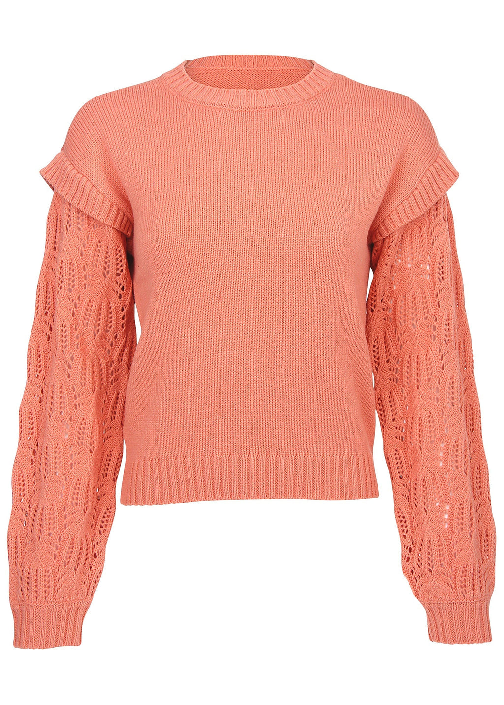 Pointelle Sleeve Crew Neck - Burnt Coral