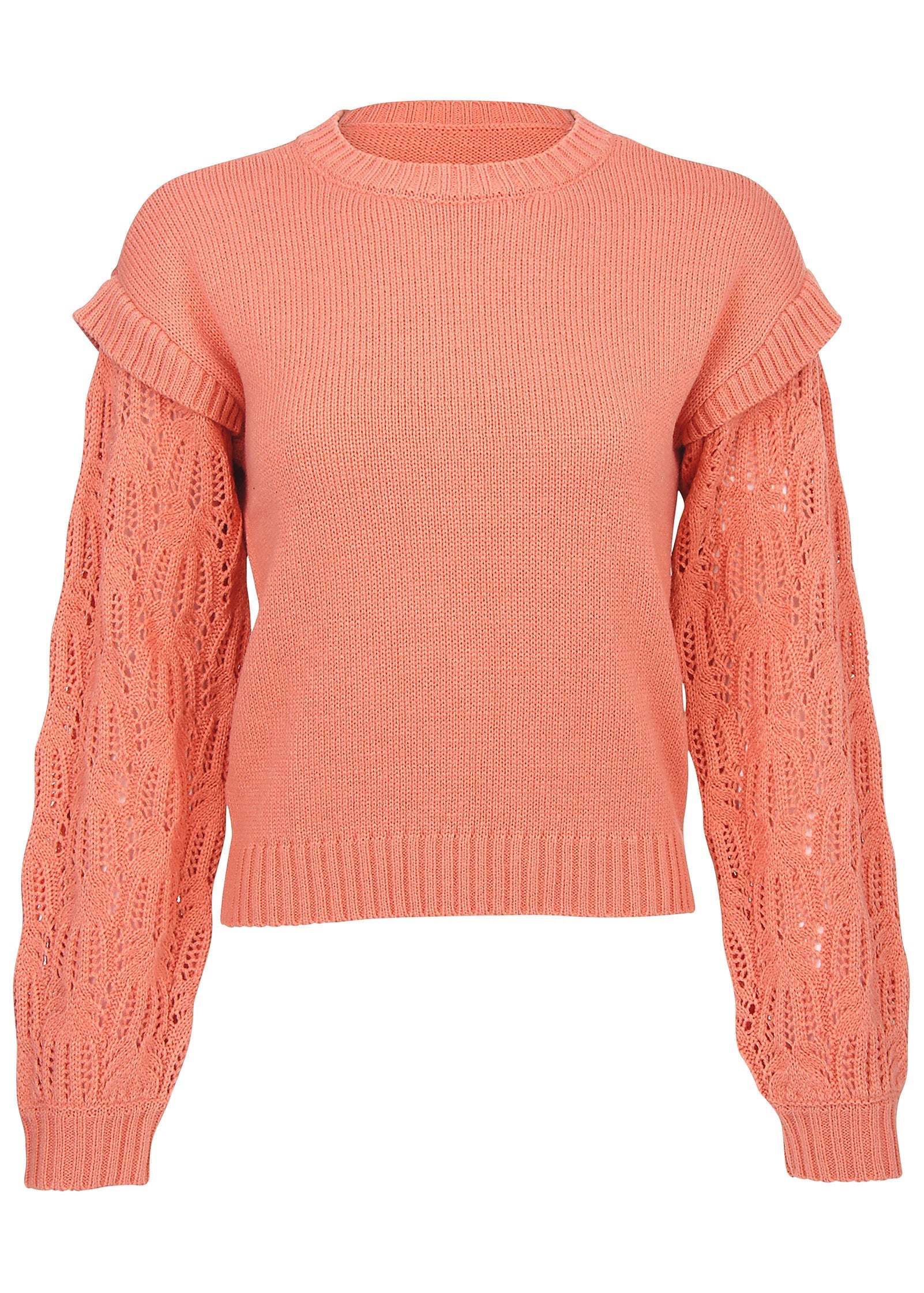 Pointelle Sleeve Crew Neck - Burnt Coral