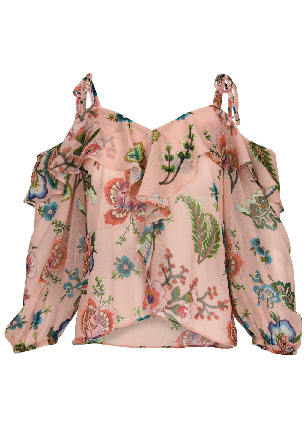 Chiffon Cold Shoulder Top - Allover Needlework Floral