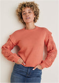 Pointelle Sleeve Crew Neck - Burnt Coral