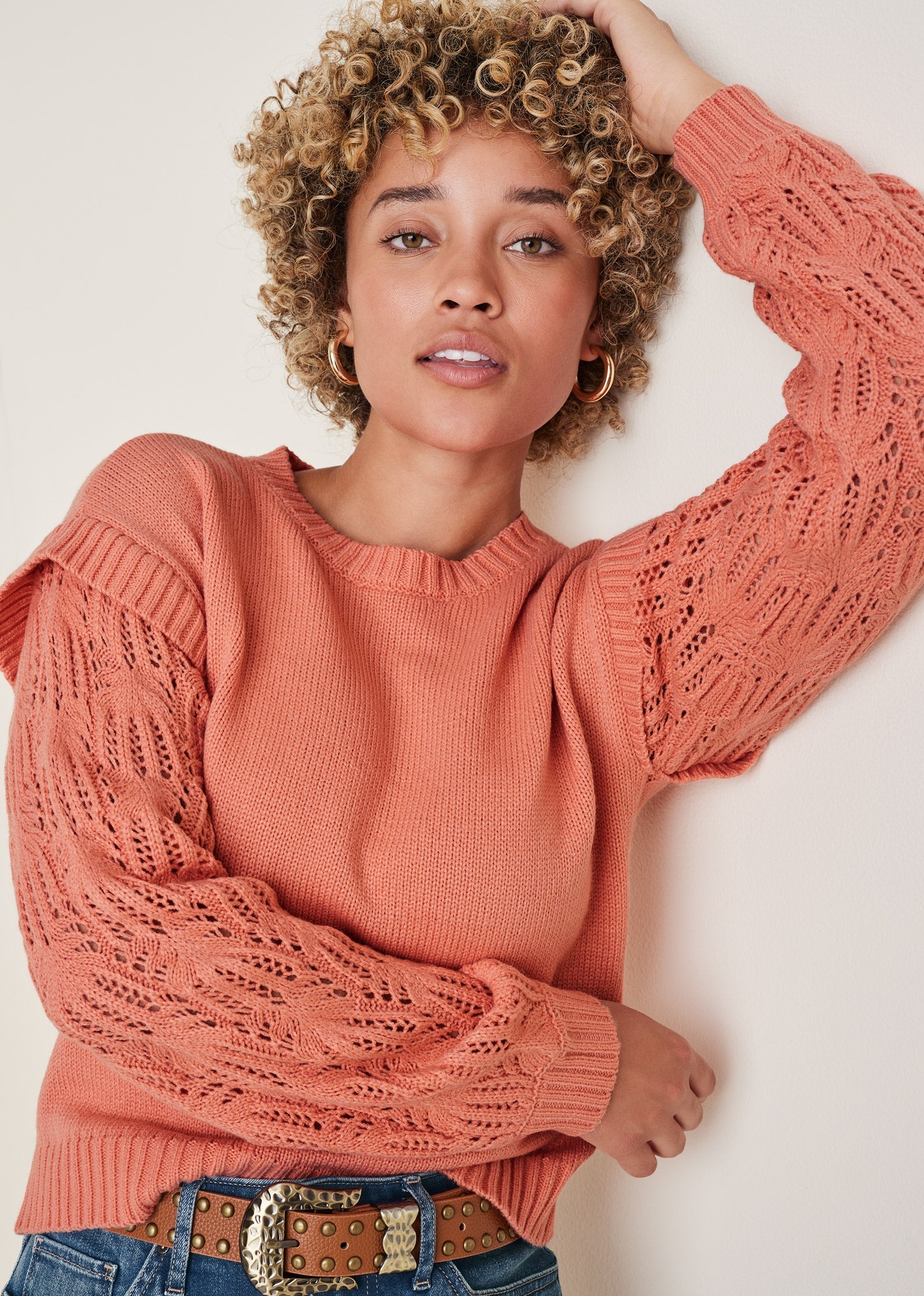 Pointelle Sleeve Crew Neck - Burnt Coral