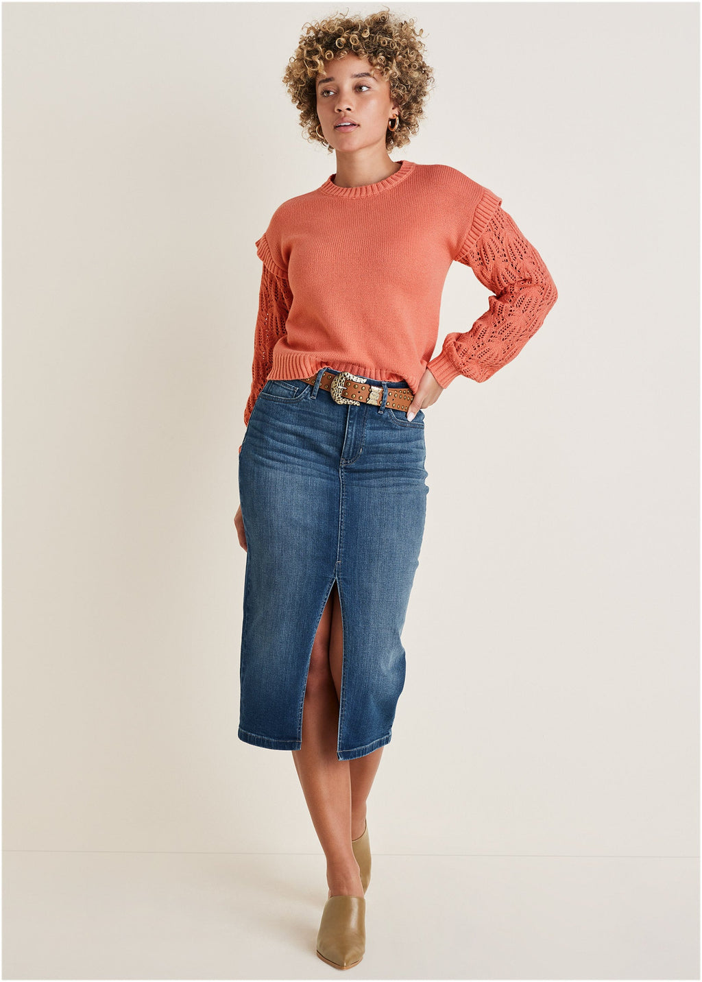 Pointelle Sleeve Crew Neck - Burnt Coral