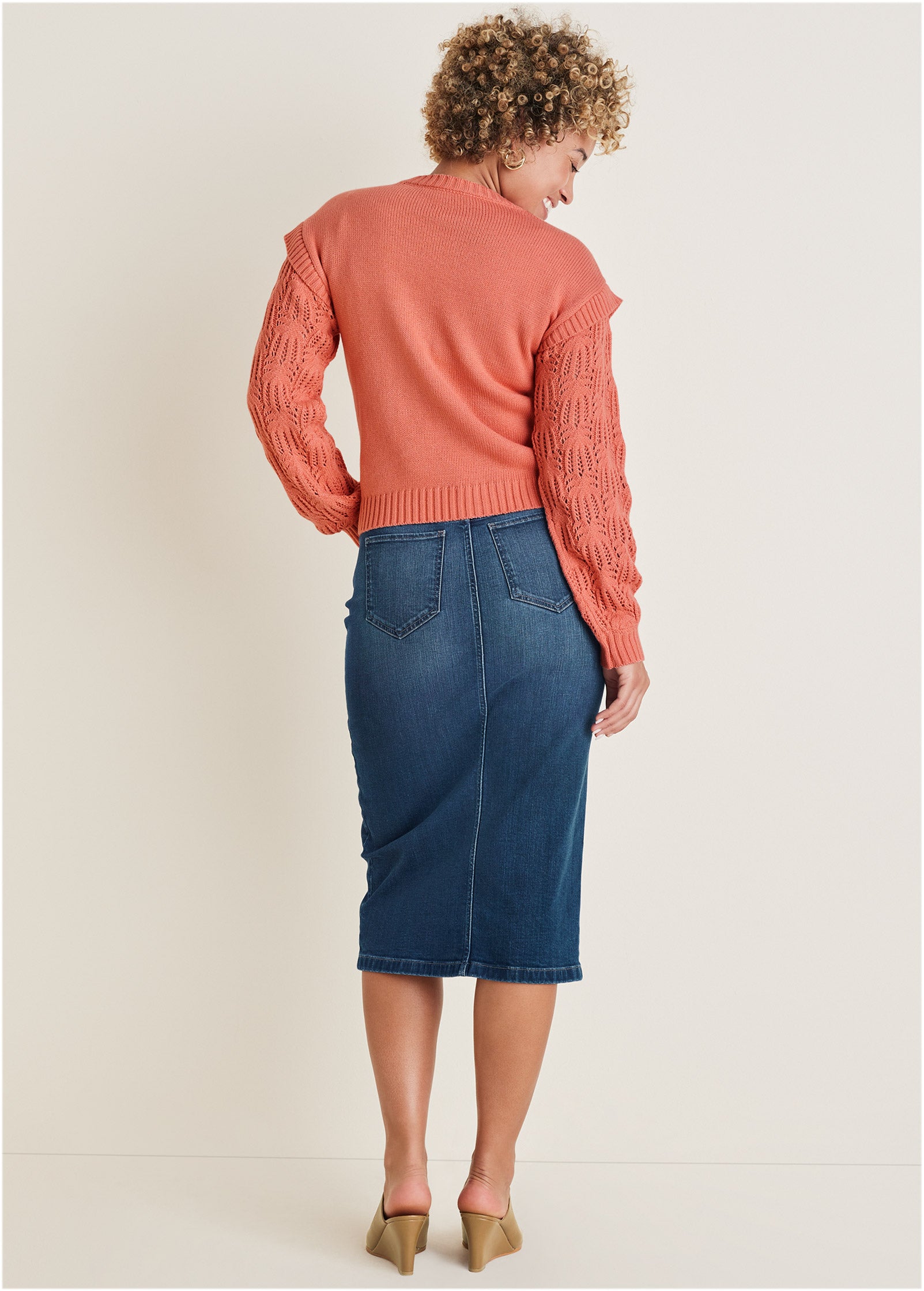 Pointelle Sleeve Crew Neck - Burnt Coral