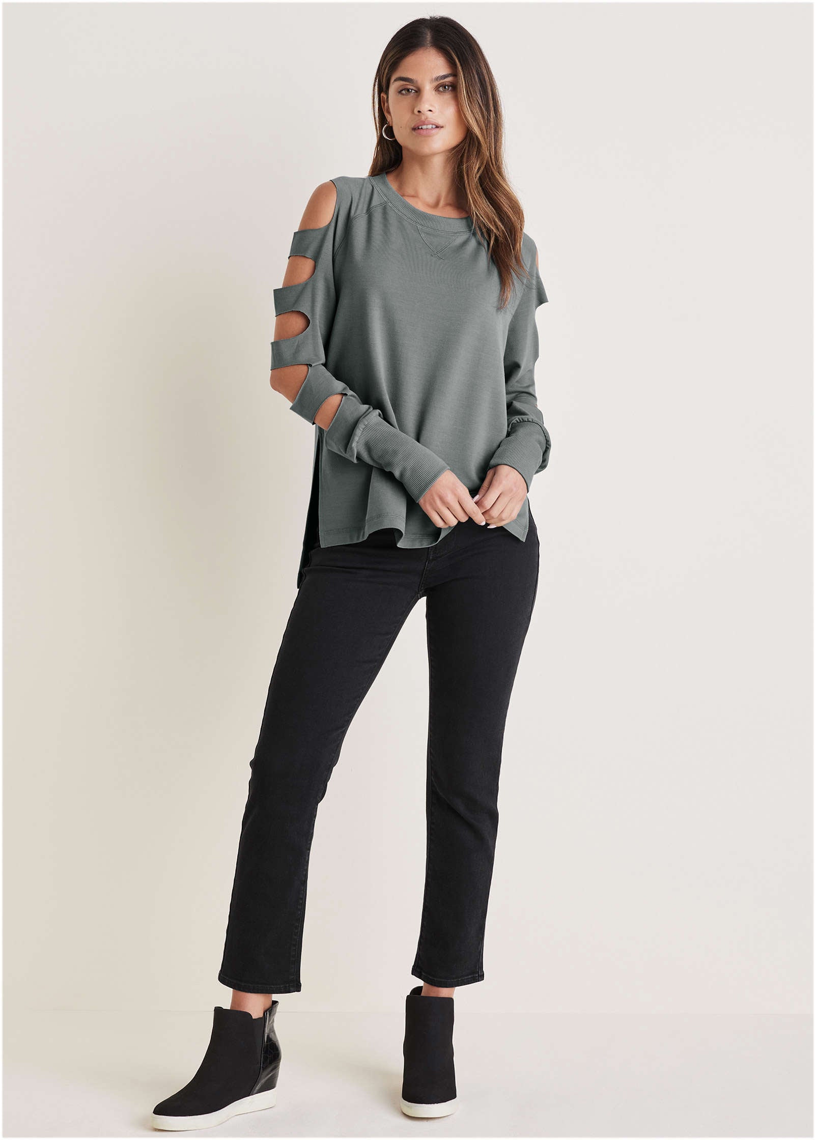 Cutout Sleeve Sweatshirt - Seafog