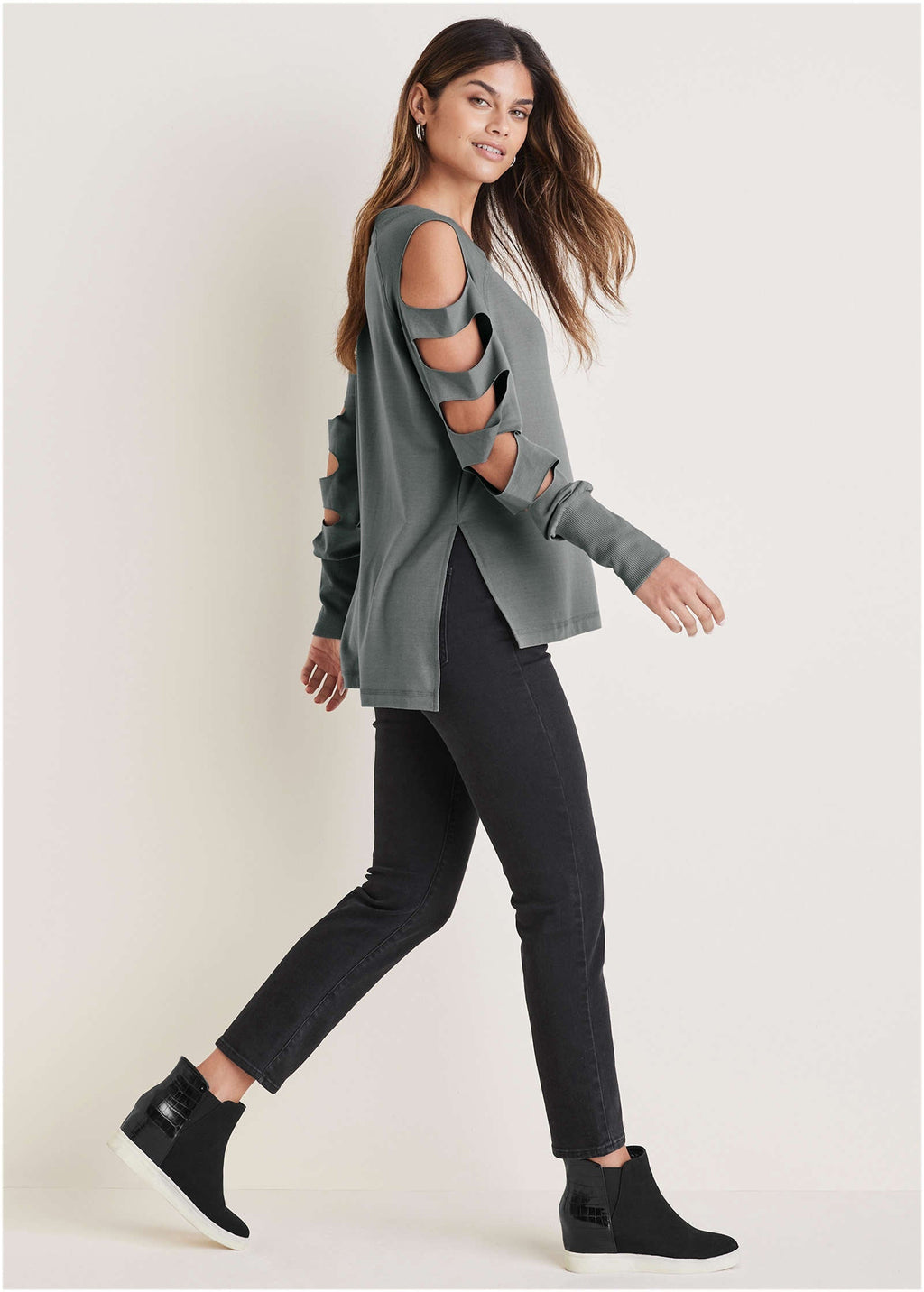 Cutout Sleeve Sweatshirt - Seafog
