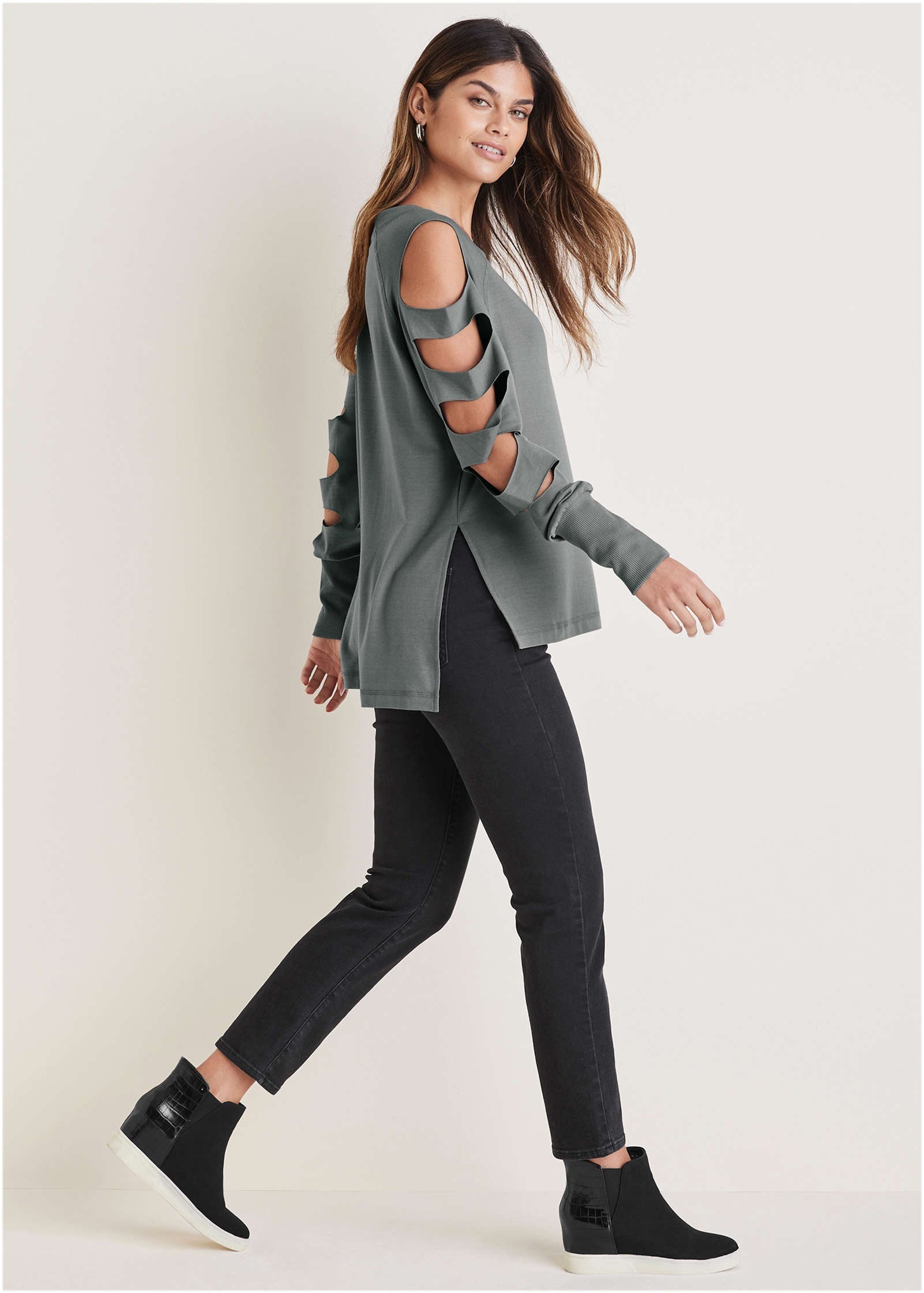 Cutout Sleeve Sweatshirt - Seafog