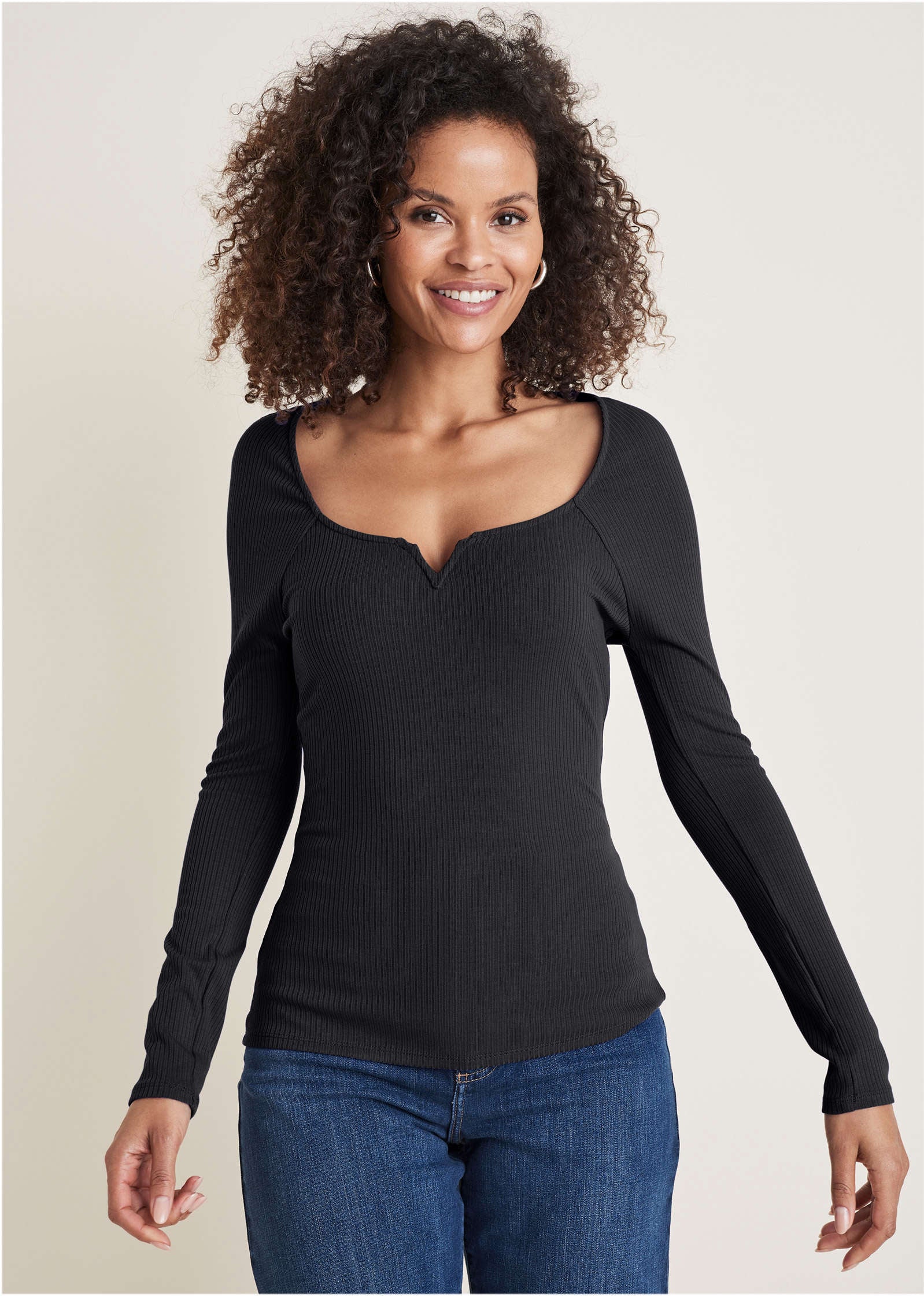 Deep Scoop Neck Ribbed Top - Jet Black