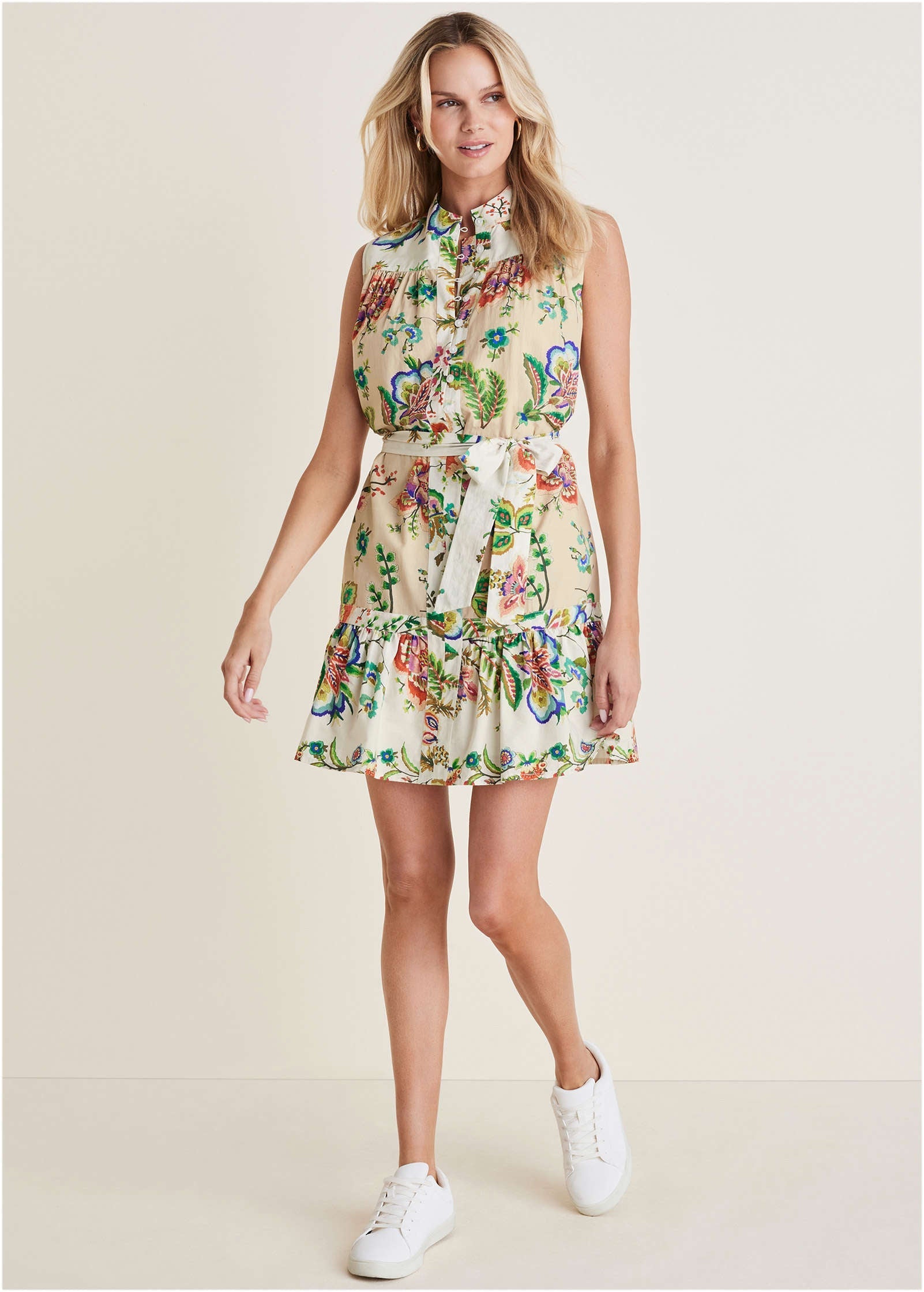 Ruffle Hem Shirt Dress - Allover Needlework Floral