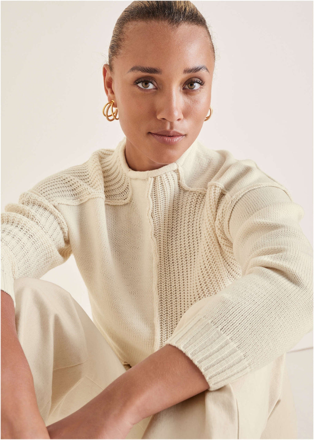 Mock Neck Knit Sweater  - Off White