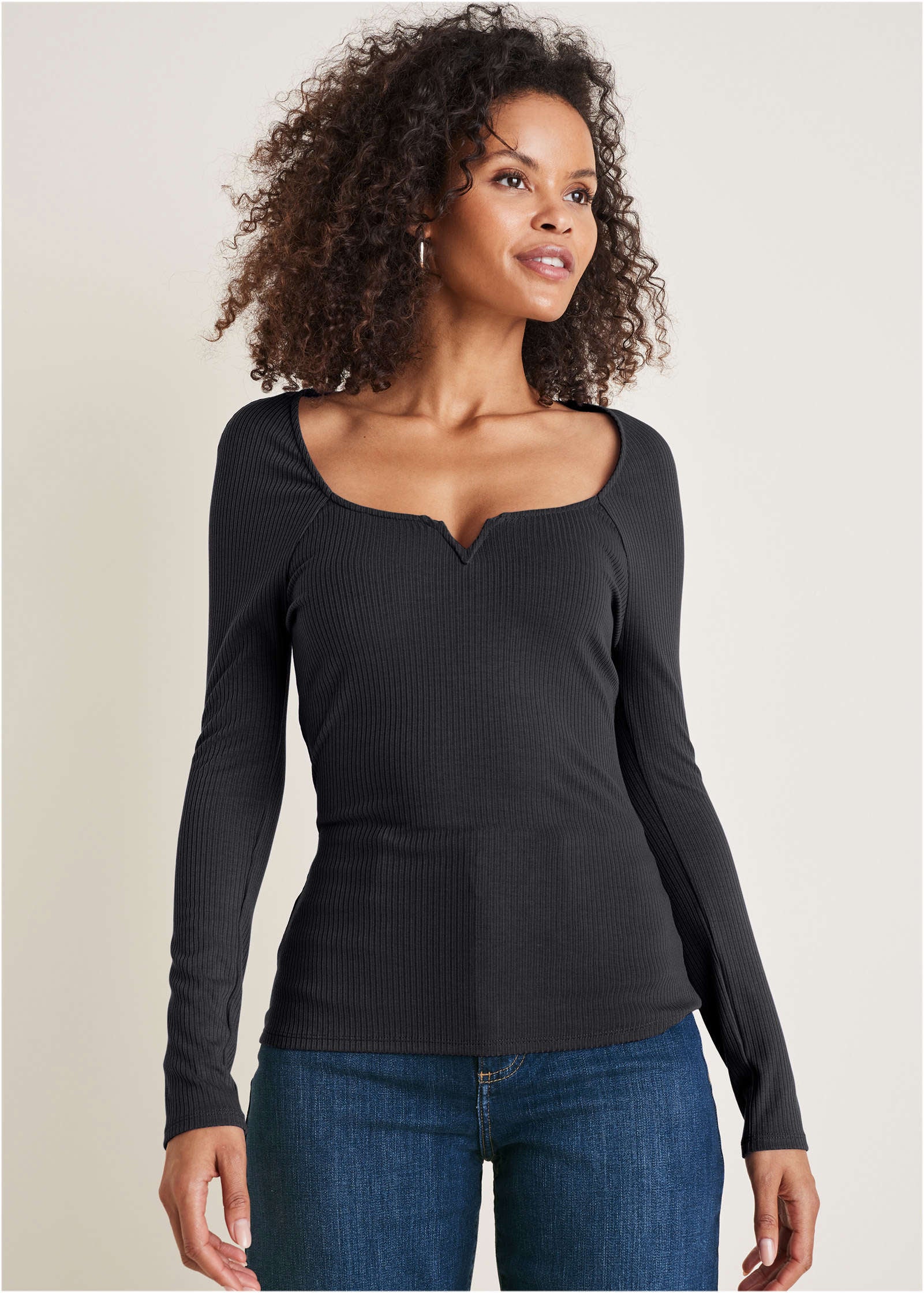 Deep Scoop Neck Ribbed Top - Jet Black