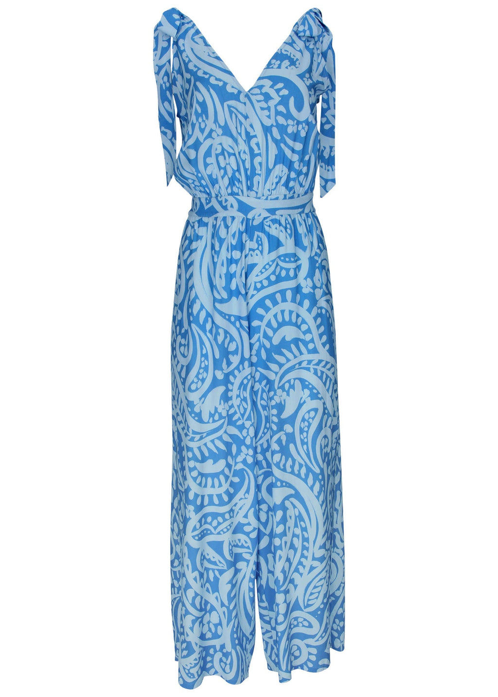 Tie-Strap Wide Leg Jumpsuit - Blue Allover Spring Paisley