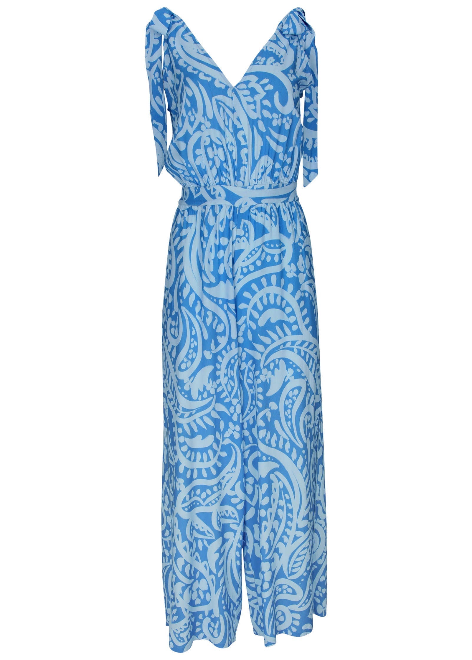 Tie-Strap Wide Leg Jumpsuit - Blue Allover Spring Paisley