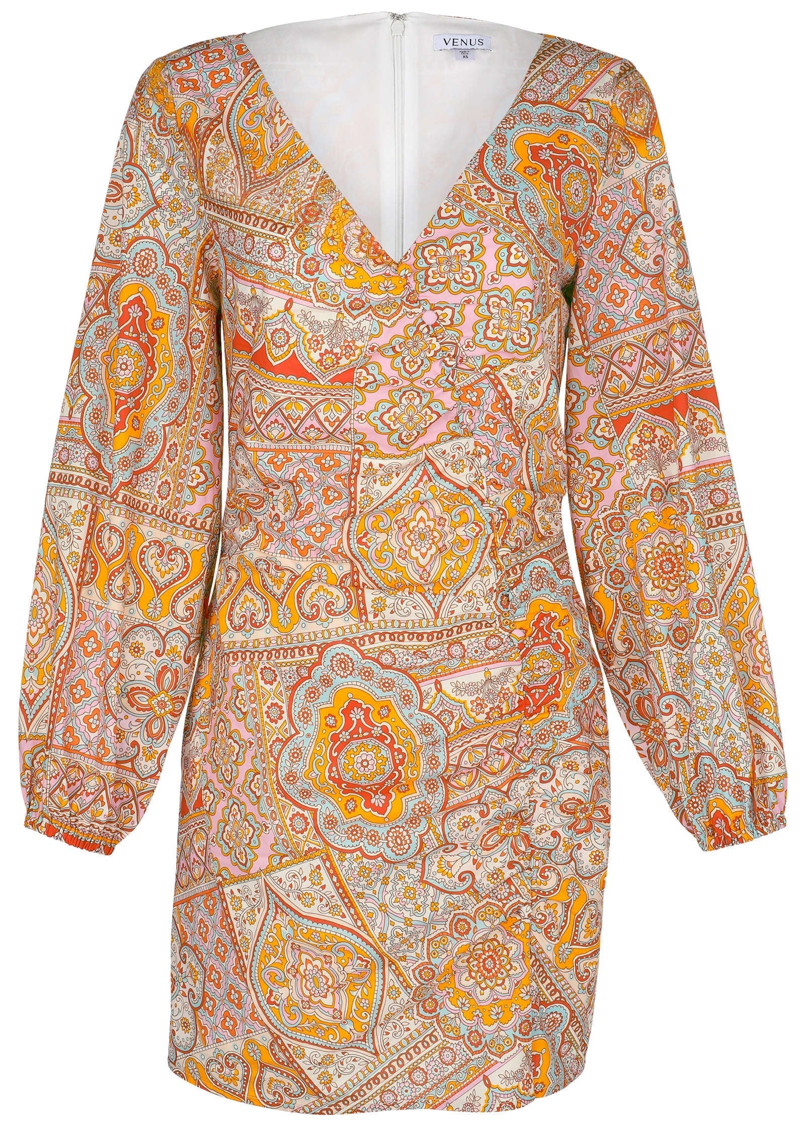 Balloon Sleeve Mini Dress - Medallion Golden Patchwork