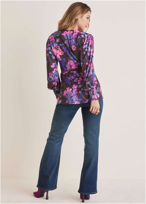 Balloon Sleeve Wrap Front Top - Electric Bouquet