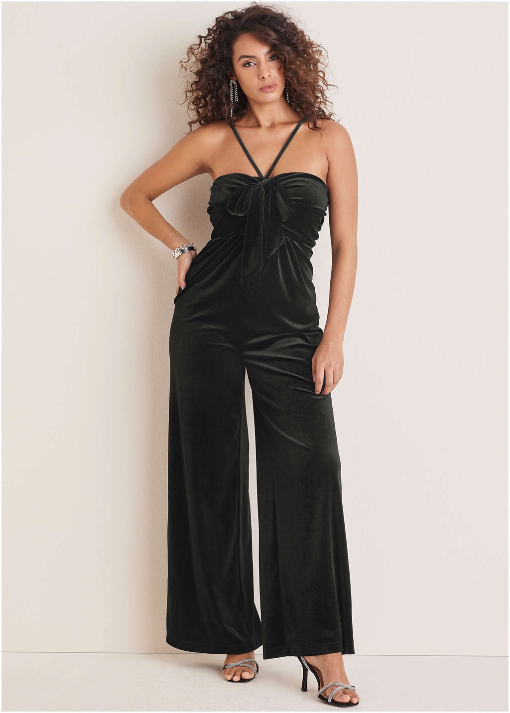 Stretch Velvet Halter Jumpsuit - Black