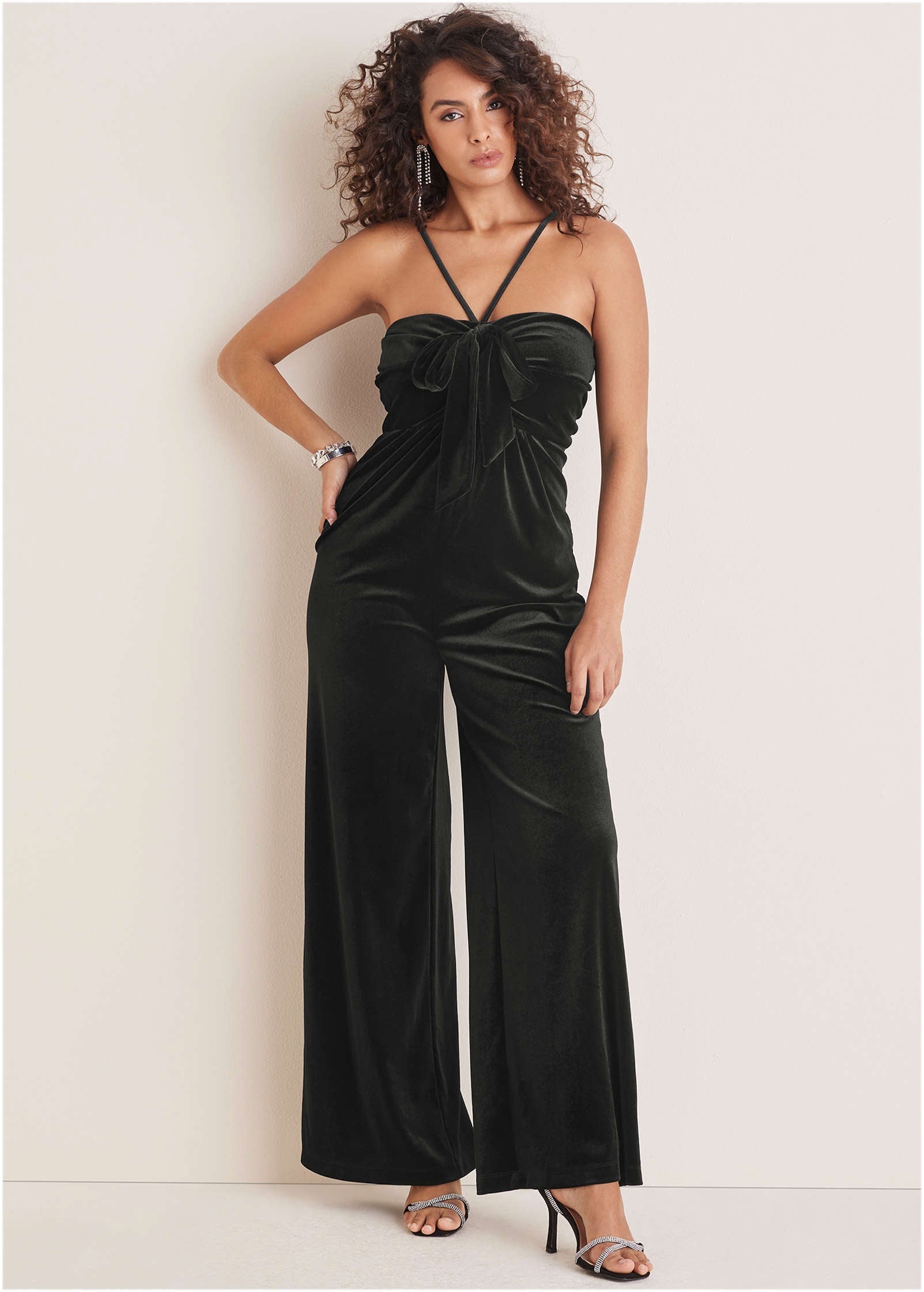 Stretch Velvet Halter Jumpsuit - Black