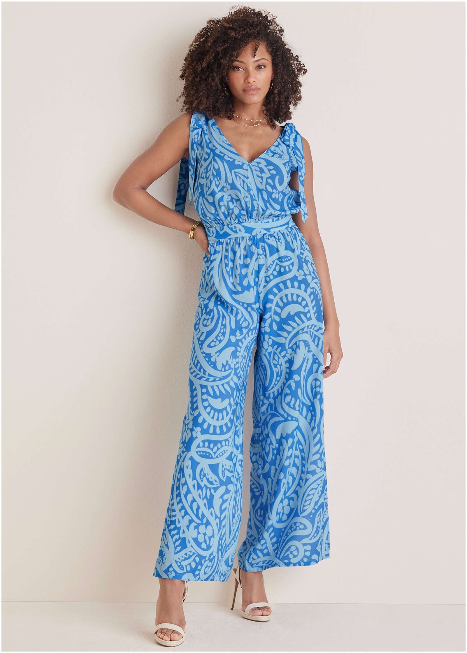 Tie-Strap Wide Leg Jumpsuit - Blue Allover Spring Paisley