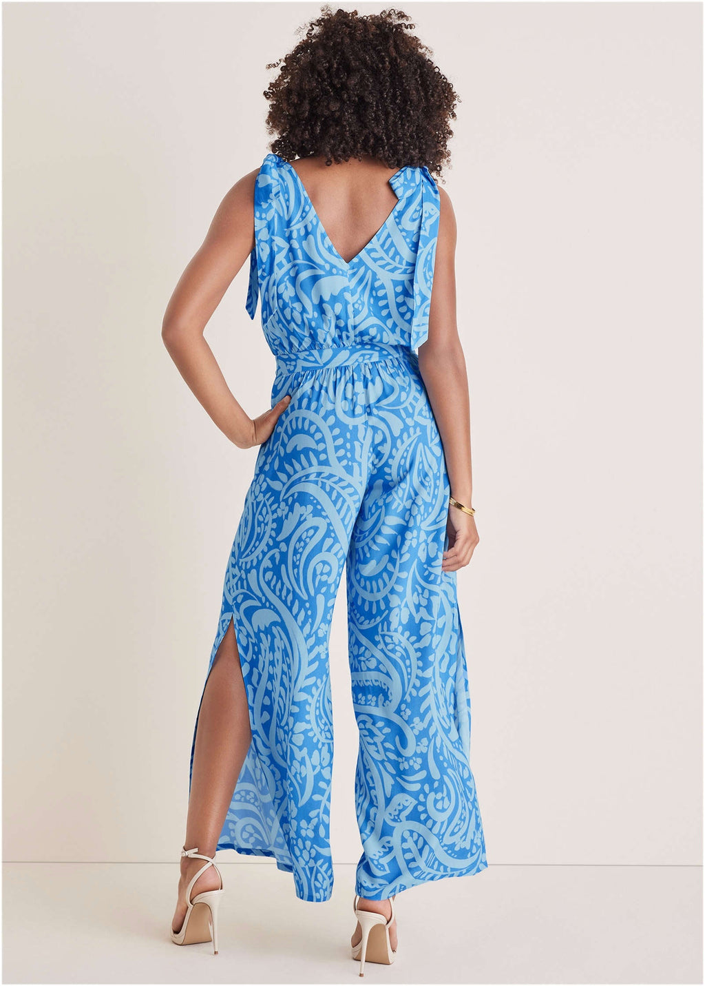 Tie-Strap Wide Leg Jumpsuit - Blue Allover Spring Paisley