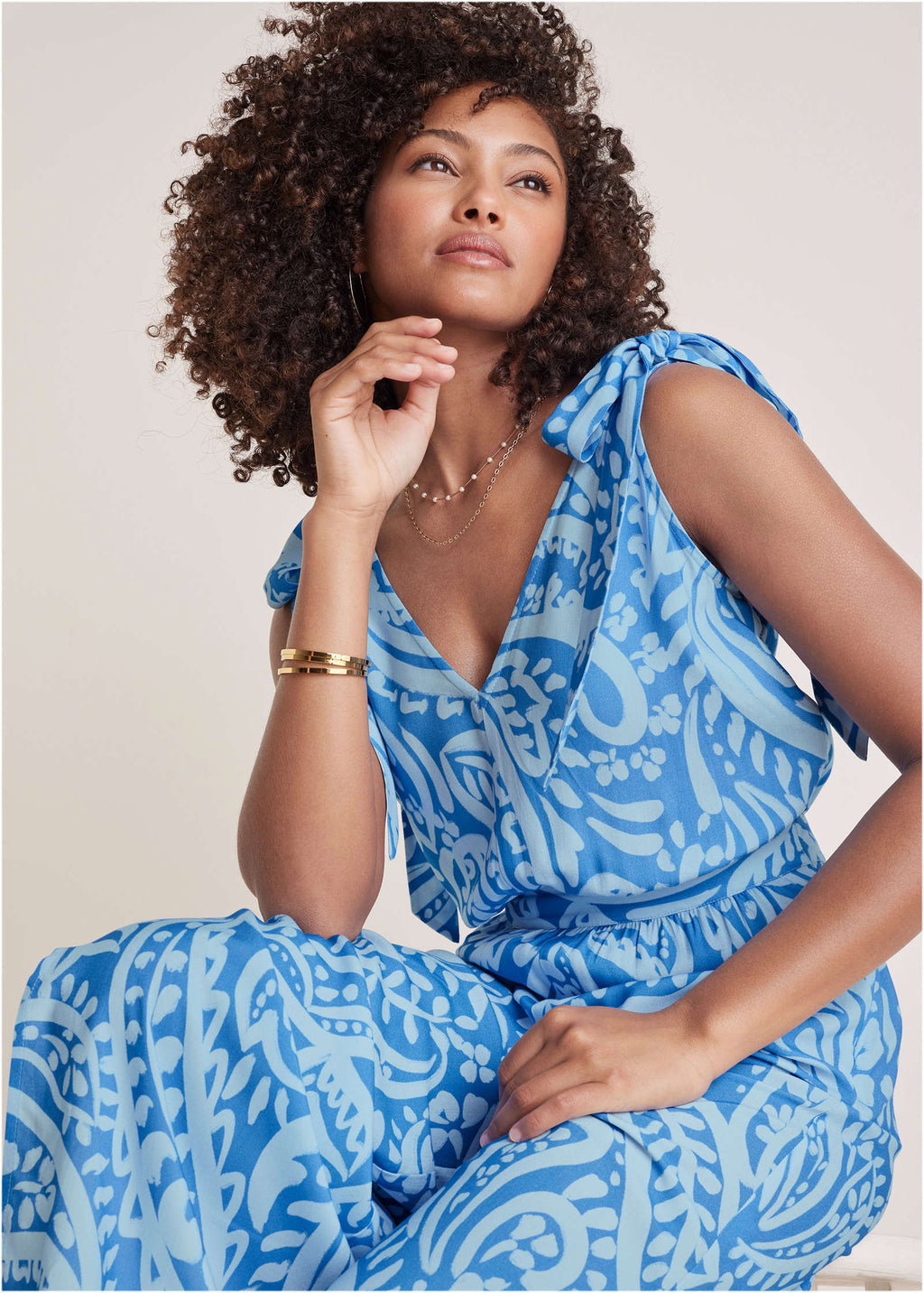 Tie-Strap Wide Leg Jumpsuit - Blue Allover Spring Paisley