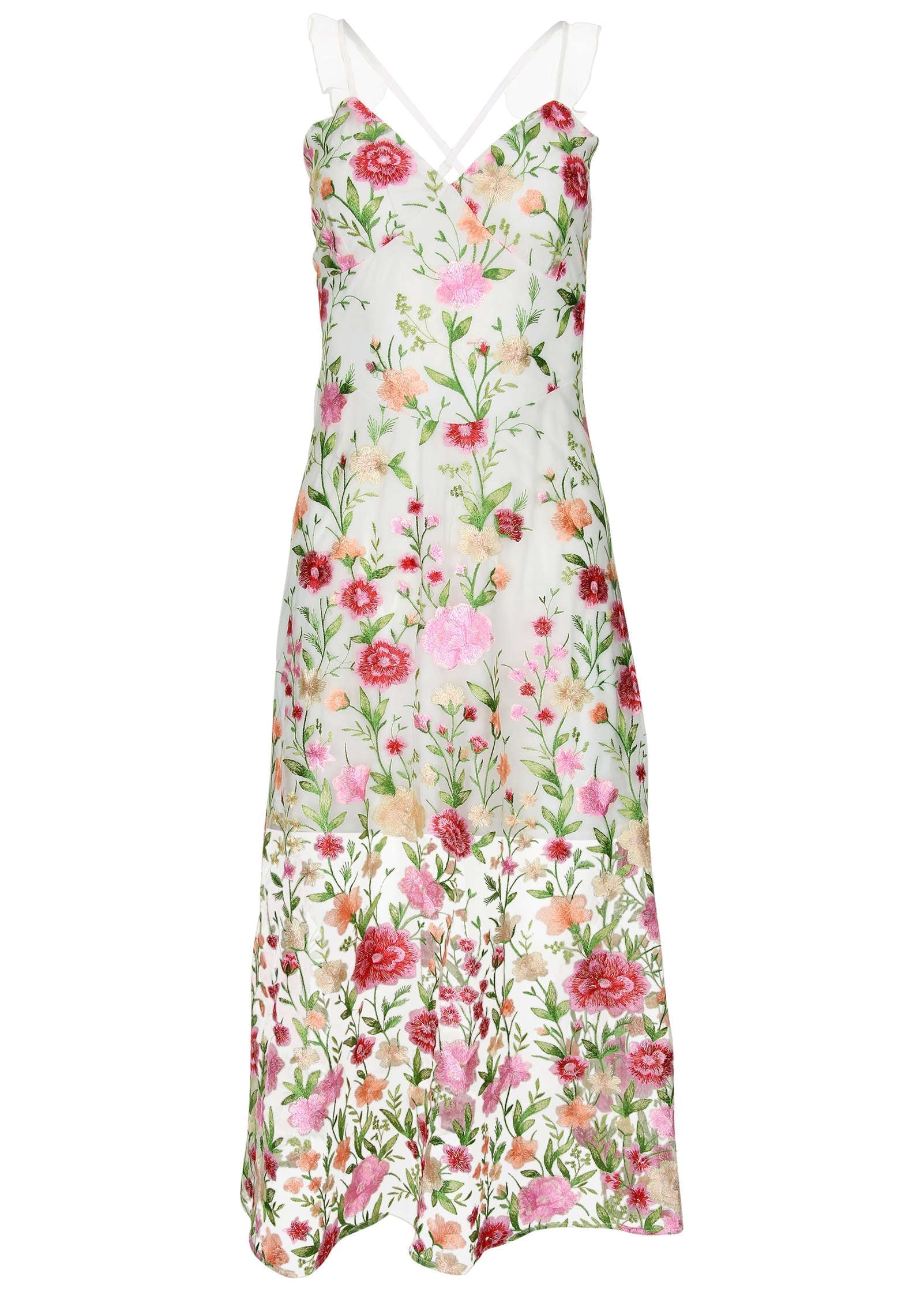 Sheer Embroidered Maxi Dress - White Multi